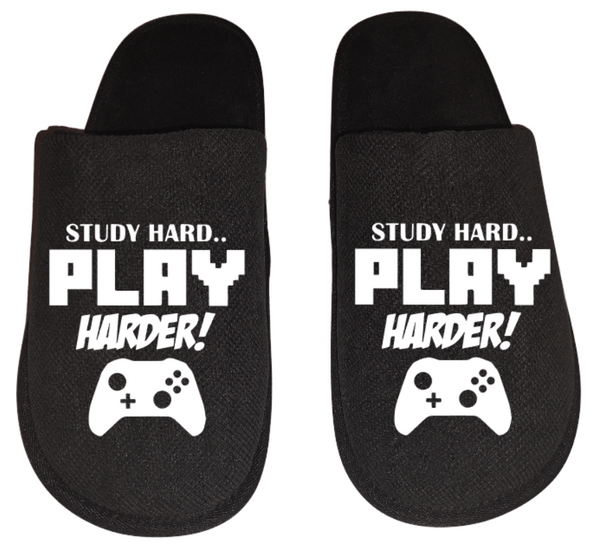 Study hard play harder video game Gamer Gaming Men's Slippers / House Shoes slides dad husband father son gift