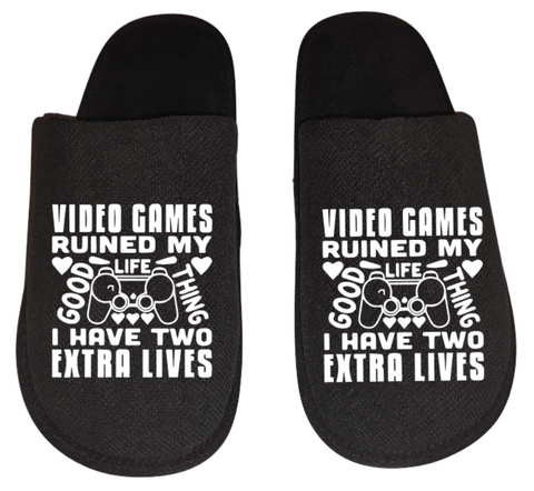 Video games ruined my life good thing I have 2 extra lives funny video game Gamer Gaming Men's Slippers / House Shoes slides dad husband father son gift