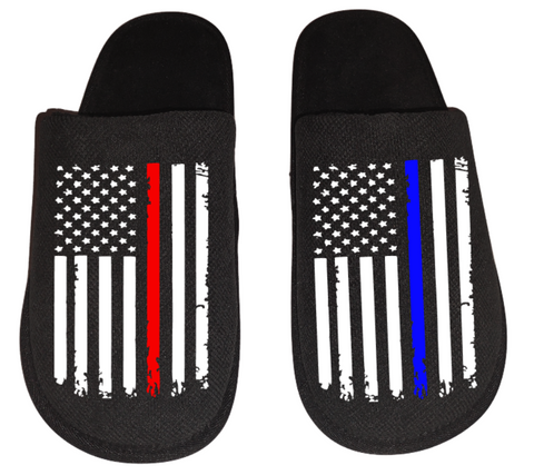 Police & Firefighter thin blue / red line distressed distorted American flag Men's Slippers / House Shoes slides gift fireman