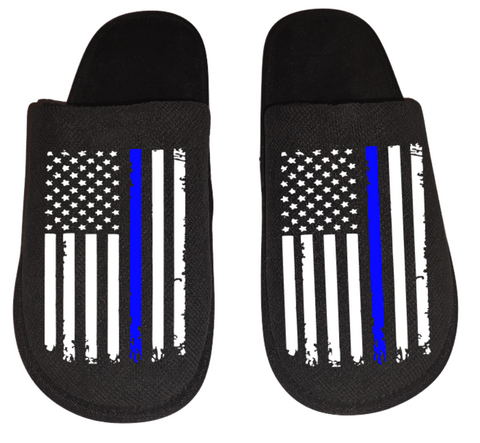 Police officer thin blue line distressed distorted American flag Men's Slippers / House Shoes slides gift