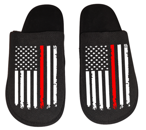 Firefighter thin red line distressed distorted American flag Men's Slippers / House Shoes slides gift fireman