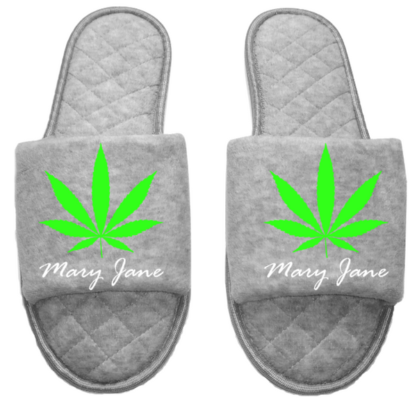 Mary Jane Leaf Medical Marijuana mmj medicinal weed 4:20 Women's open toe Slippers House Shoes slides mom sister daughter custom gift