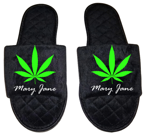 Mary Jane Leaf Medical Marijuana mmj medicinal weed 4:20 Women's open toe Slippers House Shoes slides mom sister daughter custom gift